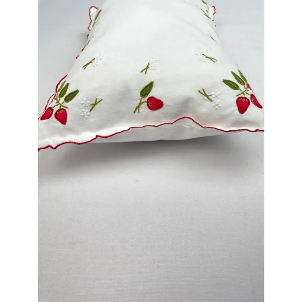 Vintage Embroidered Strawberry Linen Pillow Scalloped Edge Cottagecore 15x9
